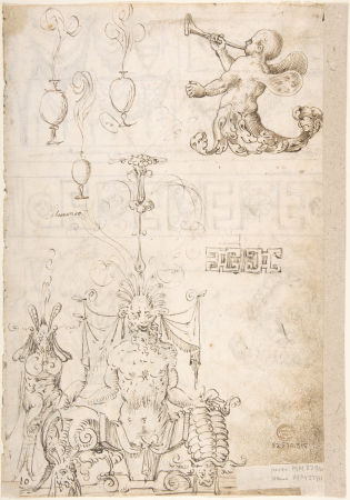 Three Bands Friezes with Grotesques and Several Figure Studies (recto); Term with a Marine Creature (Zephyr) (verso), Andrés de Melgar, circa 1545–60
