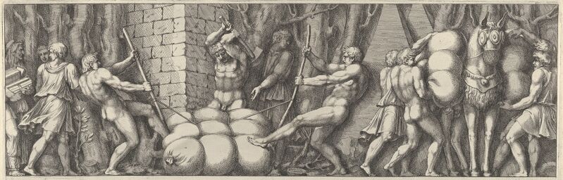 Plate 2: various figures carrying out tasks that include tying a sack and loading a horse, Pietro Santi Bartoli, circa 1660–90