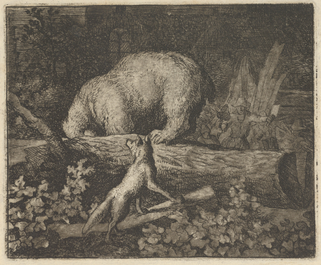 The Bear's Snout and Paws Are Caught in the Trunk of a Tree from Hendrick van Alcmar's Renard The Fox, Allaert van Everdingen, 1650–75