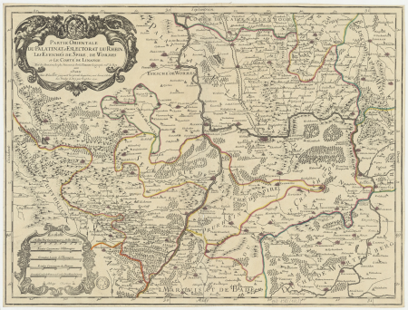 Eastern part of the Palatinate and electorate of the Rhine. The bishoprics of Speyer, Wormes and the county of Linange / taken from the most recent memoirs by Mr. Sanson, 1700