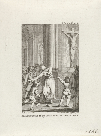 Beeldenstorm in de Oude Kerk te Amsterdam, 1566 Beeldestorm in de Oude Kerk te Amsteldam (titel op object), RP-P-OB-78.941, Jacobus Buys, between 1780 and 1795
