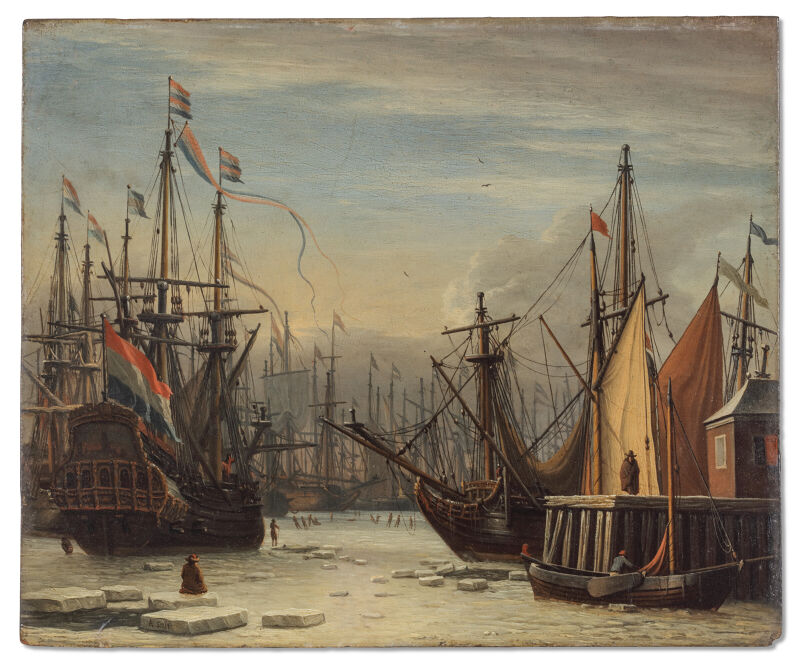 A view of the IJ harbour in winter, Amsterdam, with figures skating between the ships, a figure seated on an ice floe in the foreground, Aernout Smit