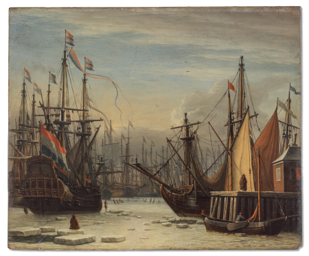A view of the IJ harbour in winter, Amsterdam, with figures skating between the ships, a figure seated on an ice floe in the foreground, Aernout Smit