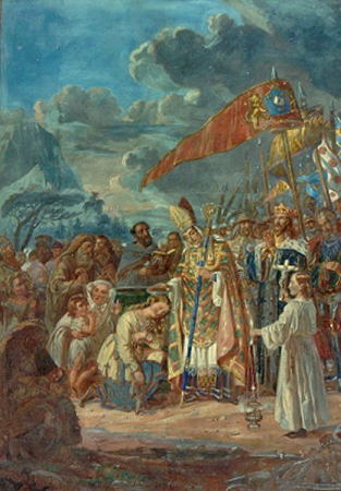 Henry, Bishop of Upsala, baptizing Finns at Kupittaa spring, Robert Wilhelm Ekman, 1850s