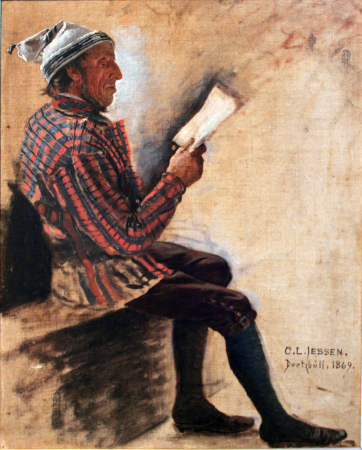 Reading farmer with a pointed cap, Carl Ludwig Jessen, 1869