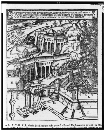 Bird's-eye view of a large scale water supply system showing tunnels and covered aqueducts LCCN2004682219, Cesare Cesariano, 1521
