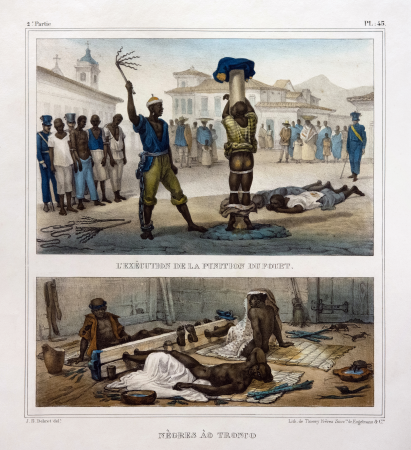 [top] L'Exécution de la Punition du Fouet. [bottom] Nègres ào Tronco, Jean-Baptiste Debret, before 1830