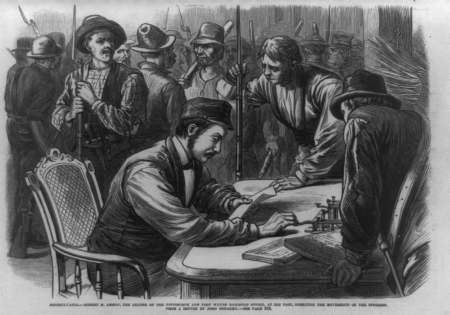 Pennsylvania-Robert M. Ammon, the leader of the Pittsburgh and Fort Wayne railroad strike, at his post, directing the movements of the strikers - from a sketch by John Donaghy. LCCN90707125, Frank Leslie, 1877