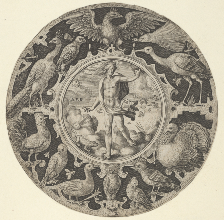 'Aer' in a Decorative Border with Birds, from a Series of Circular Designs with the Four Elements, Crispijn van de Passe the Elder, between 1590 and 1612