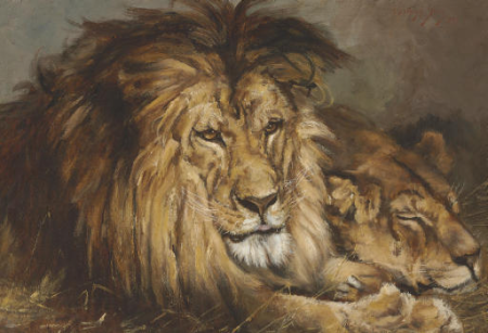 Sketch for 'Lion and Lioness Resting', Géza Vastagh, Painted in 1899.