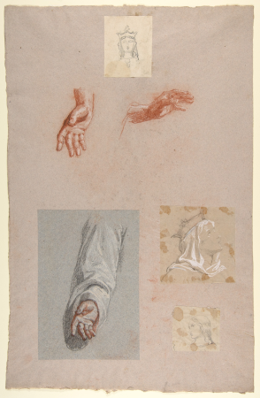 A. Hands of Saint Remi (lower register); b. Head of Saint Clotilde (upper register); c. Head of Saint Clotilde (lower register); d. Head of an Angel (upper register); e. Hand and Sleeve of Saint Remi, Isidore Pils