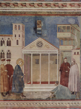 Fresco cycle on the life of St. Francis of Assisi, scene: Citizen of Assisi spreads his cloak in front of St. Francis, Giotto, between 1296 and 1298