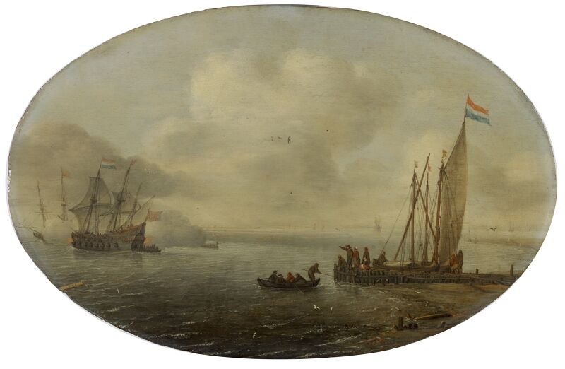 An estuary with figures on a quay and in a rowing boat to the right, watching Dutch three-master firing salutes, Hans Goderis