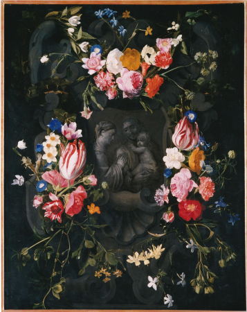 Sculpted cartouche adorned with flowers with a representation of the Virgin and Child and St. Anne, Erasmus Quellinus II, circa 1650