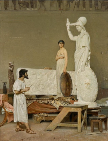 Phidias in his workshop, carving the statue of Minerva for the Parthenon, Raffaello Sorbi, 1869
