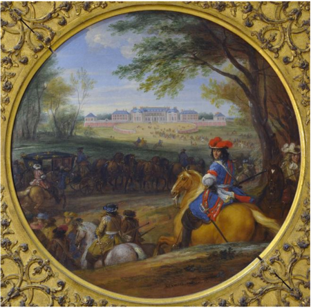 Arrival of Louis XIV with his guards in front in view of he old Castle of Versailles, Adam Frans van der Meulen, after 1672