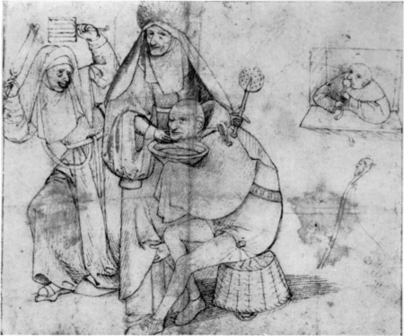 Comical Barber Scene - Nun Shaving a Fool with Wafer Iron, Hieronymus Bosch, between 1477 and 1516