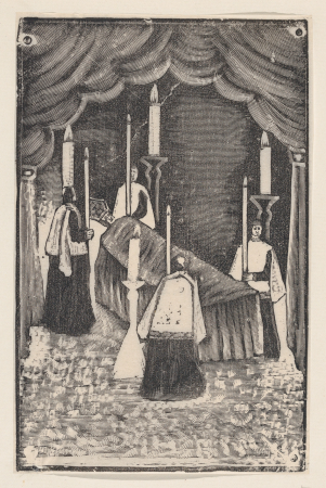 A group of holy men holding candles around a bier with a prelate, José Guadalupe Posada, circa 1880–1910