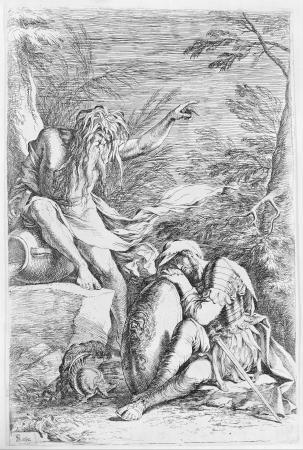 Dream of Aeneas: Aeneas rests his head on his hands atop his shield, while the river god Tiber leans on a vessel and points upward with his left hand, Salvator Rosa, circa 1663–1664