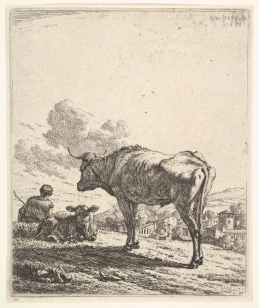 Cowherd with cow and calf on a hillside, the cowherd viewed from behind and seated in the grass, the cow standing and facing the recumbent calf, a village beyond, Karel Dujardin, 1658