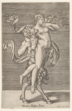 Satyr carrying a nymph, whose right arm is wrapped around the satyr's neck, with a planar background, Giulio Romano, circa 1505–62