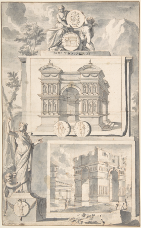 A Reconstruction of the Temple of Janus (above) and a View of the Ruins (below), Jan Goeree, before 1704