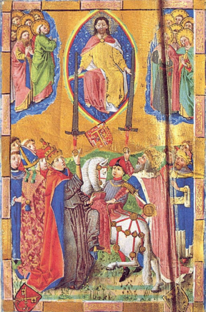 Christ in the mandorla presents the swords of spiritual and temporal power to Pope and Emperor, Hans Bornemann, between 1442 and 1448
