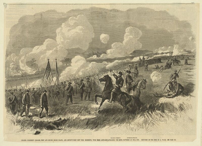 Colonel Burnsides brigade at Bull Run, First and Second Rhode Island, and Seventy-First New York Regiments, with their Artillery, Attacking the Rebel Batteries at Bull Run. Sketched on the LCCN2004660449, Alfred Waud, 1861