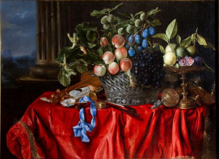 Still life of fruit and musical instruments on a draped table, Dominicus Claessens, 1665