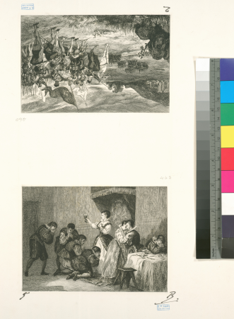 Mary Stuart on horseback, at the head of her army; Mary Stuart condemned drinking the health of her servants (two vignettes on one sheet)., 1854