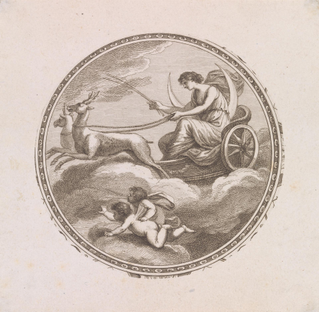 Woman with Crescent Moon in Two Deer Chariot, Representing Moon, Artemis, Francesco Bartolozzi