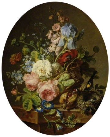 Open wicker basket of mixed flowers, including iris, roses, poppies, hollyhock, marigold, larkspur and convolvulus on a marble ledge with an open pomegranate and a goldfinch with its nest, Cornelis van Spaendonck, 1789