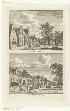 Twee dorpsgezichten te Kapelle T' Dorp Kapelle (titel op object) T' Zelve anders (titel op object), RP-P-1908-2281, Jan Bulthuis, between 1786 and 1792