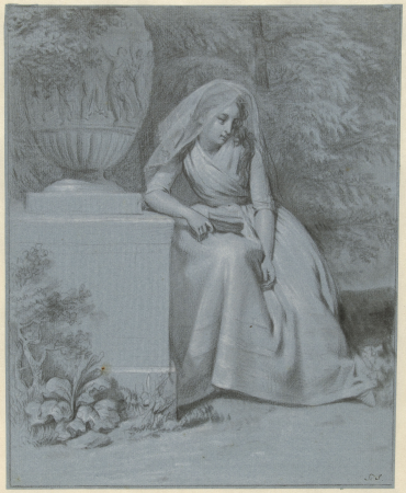 Vrouw zittend in een tuin naast een grote tuinvaas, RP-T-1937-47, Taco Scheltema, between 1770 and 1837