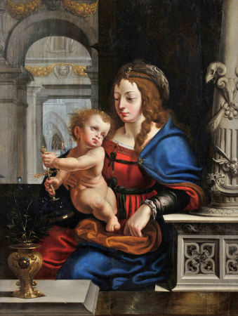 Madonna and Child in architectural setting., Joos van Cleve, circa 1535
