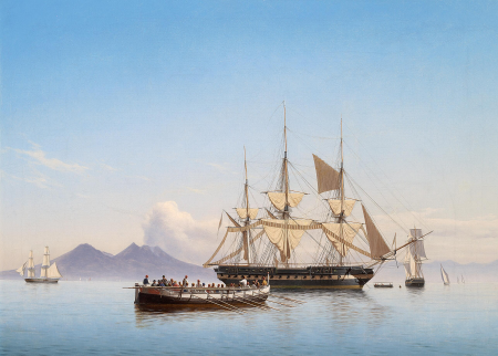 A Danish frigate drying its sails and hammocks in the bay of Naples., Julius Prömmel, 1835