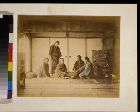Interior view of room where men and women are playing the board game "go" LCCN2009632884, 1877