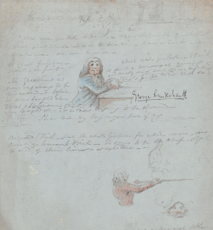Letter with Sketches: a Man at a Table, a Man Pointing a Stick and Other Slight Sketches, George Cruikshank