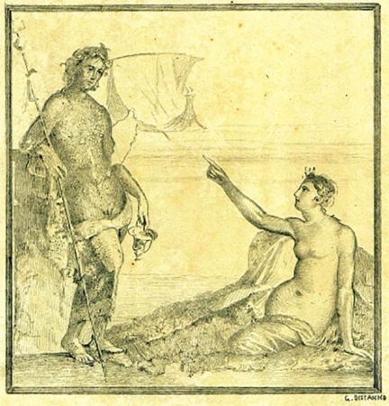 House of the Arches Pompeii 19th century drawing by Geremia Discanno of wall painting from room L depicting meeting of Dionysus and Ariadne, with the departing boat of Theseus between them, Geremia Discanno
