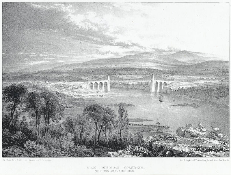 The Menai bridge, from the Anglesey side, Louis Haghe, circa 1850