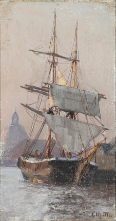 A sailing ship in Copenhagen Harbour with Frederichs Church in the background., Christian Mølsted, between 1880 and 1919