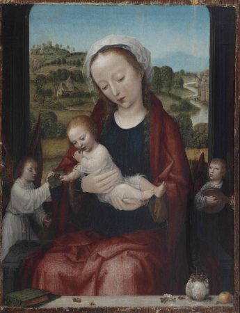 The Virgin and Child enthroned, attended by angels, before an open window, Adriaen Isenbrandt, 1540