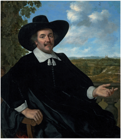 Portrait of Gabriel Marselis, three-quarter-length, seated, before a balustrade, a landscape with a country house and a distant view of Haarlem beyond, Bartholomeus van der Helst, 1655
