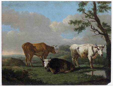 Cattle in landscape, Three cows in the meadow,, Albarta ten Oever, 1808