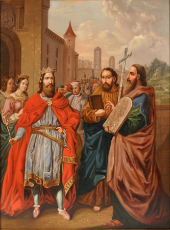 St. Cyril and Methodius in front of Moravian King Rastislav and Queen Miloslava upon their arrival in Velehrad, Anzelm Bizjak, 1863