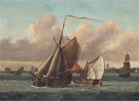 An Admiralty Yacht in crowded waters in a stiff breeze off Gravesend, L. de Man, circa 1725