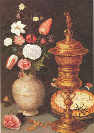Still life of flowers in a stoneware jug, goblet and pie, circa 1615, Clara Peeters, circa 1615
