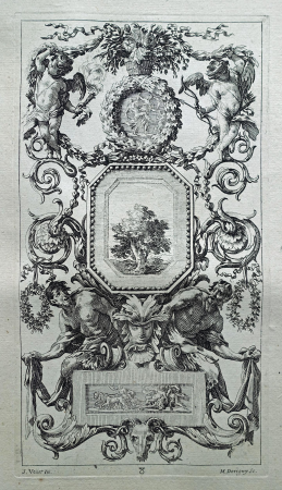 Plate 8; panel of ornaments with winged putti, garlands, seated satyrs and bucrane, flanking round medallion, octagonal medallion. and rectangular bas-relief, after Vouet. 1647, 1841,1211.39.134, Michel Dorigny, Michel Dorigny