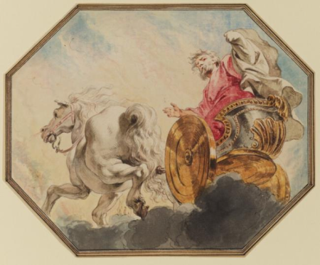 The prophet Elijah is carried up into heaven in a chariot with horses of fire in a whirlwind; his cloak falls to the ground and is picked up by Elisha (2 Kings 2:11-13), Jacob de Wit, 1751