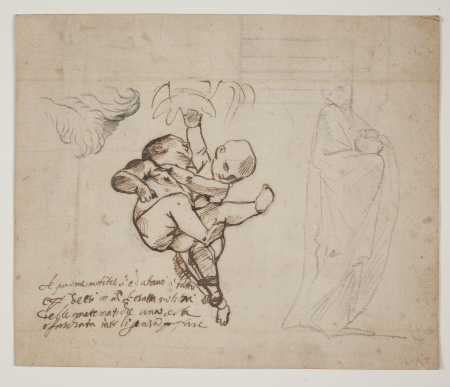 Study for two playful putti, leaves and a draped figure with an urn, Pietro Testa